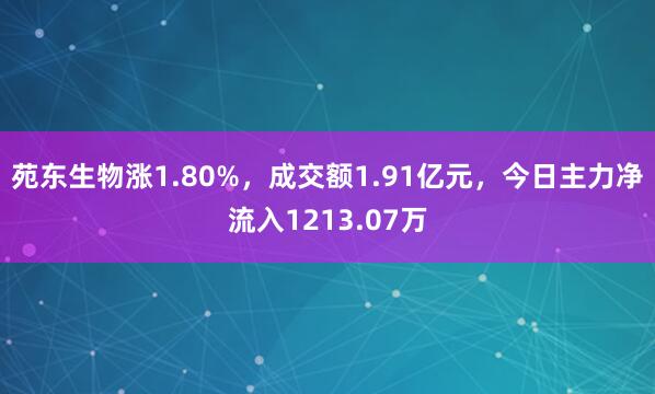 苑东生物涨1.80%，成交额1.91亿元，今日主力净流入1213.07万